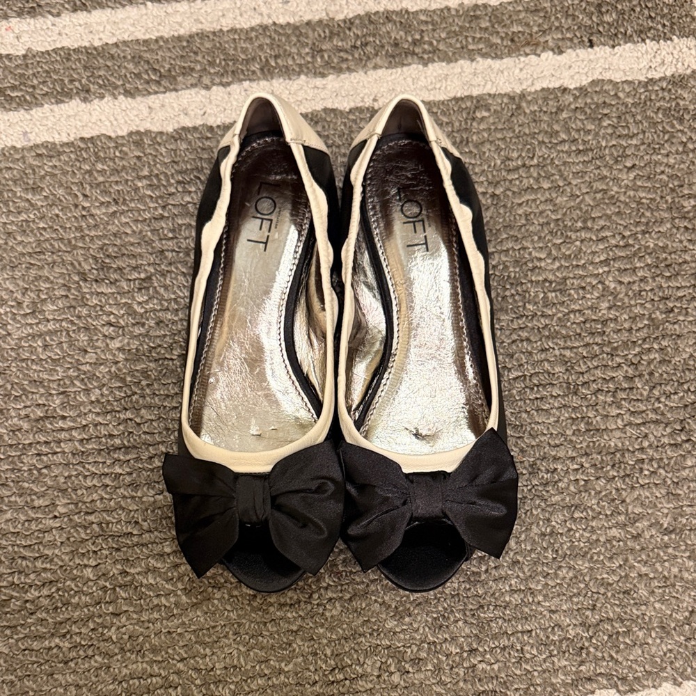 LOFT Black Peep-Toe Flats with Cream Trim and Bow